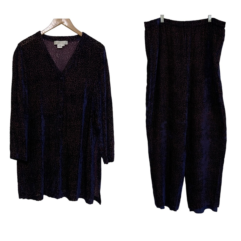 Miller Shor Burnout Velvet Pant Set 2-pc Textured V-Neck Rayon/Silk Blue Size 16